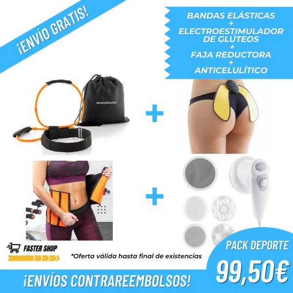Pack Deporte: Bandas Elásticas + Electroestimulador de Glúteos + Faja Reductora + Anticelulítico