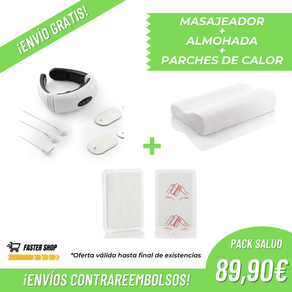 Pack Salud: Masajeador Cervical + Parches efecto calor dolores + Almohada Viscoelástica