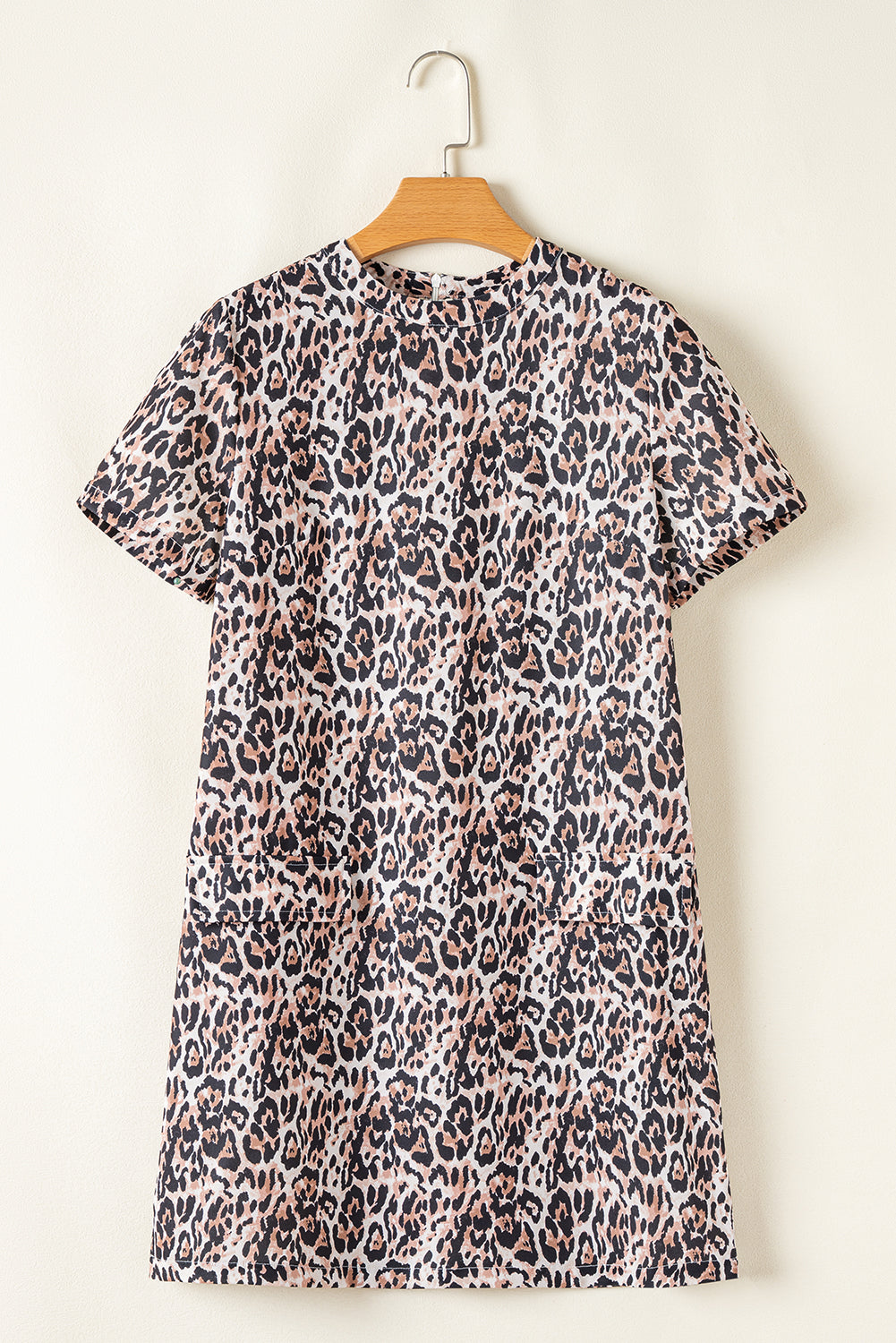 Brown Leopard Print Crew Neck Shift Short T Shirt Dress